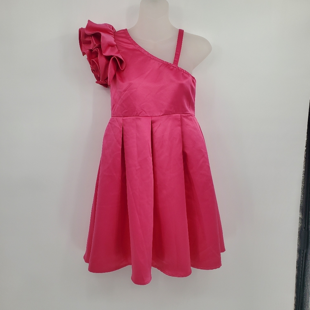 ◇◇ Hot Pink Tween Satin Asymetrical Neck Ruffle Trim Party Dress Size 11-12Y